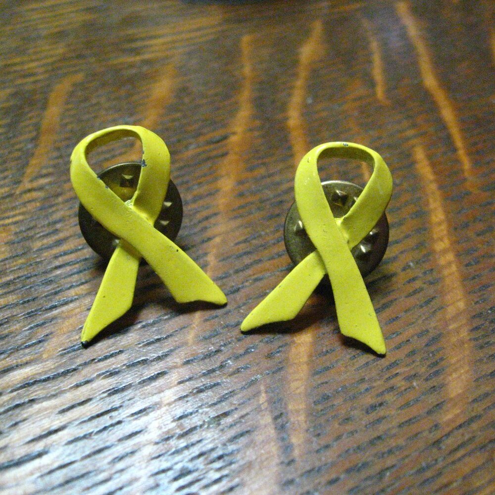 Yellow Cause Ribbon Metal Lapel Pins Pair (2)